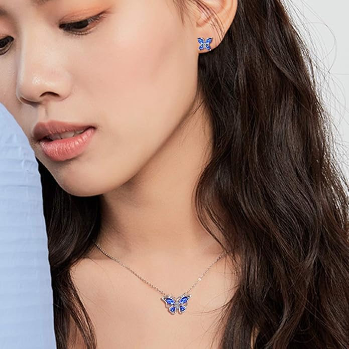 925 Sterling Silver Birthstone Butterfly Jewelry Women Crystal Animal Cute Butterflies Birthday Necklace/Earring/Ring/Bracelet Sets Birth Stone Statement Anniversary Jewellery