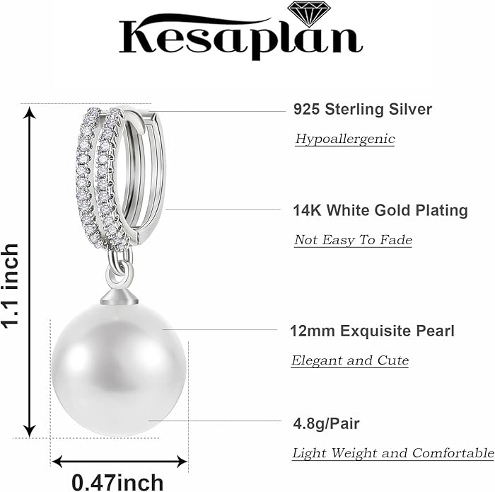 Pearl Earrings for Women 14K Gold Plated Hypoallergenic Pearl Earrings 5A Cubic Zirconia Dangle Earrings Elegant Jewelry