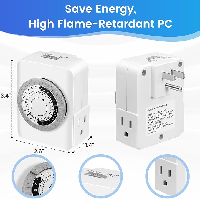 Outlet Timer,Timers for Electrical Outlets Indoor with 3-Prong Dual Outlet,24-Hour 30 Minute Daily On/Off Cycle, Plug-in Mechanical Timers for Christmas Lights, Lamps, Grow Light (2-Pack)