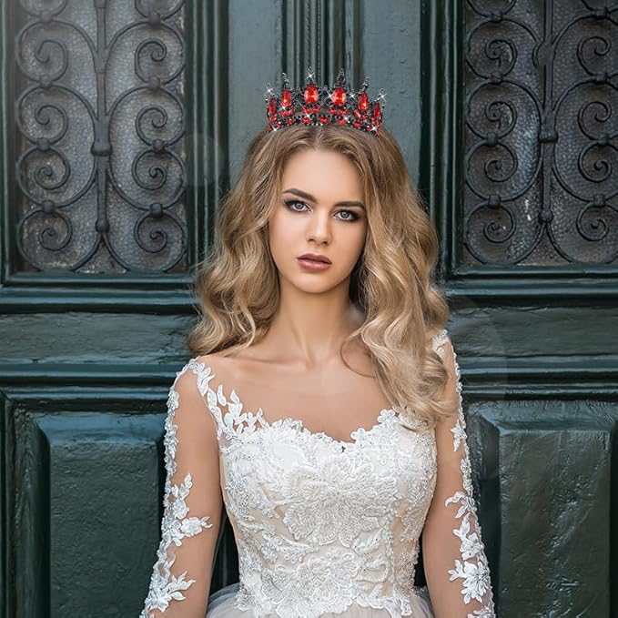 Queen Crown Rhinestone Wedding Tiaras for Women Costume Party Hair Accessories Princess Birthday Tiara Crystal Bridal Crown (Black Red)