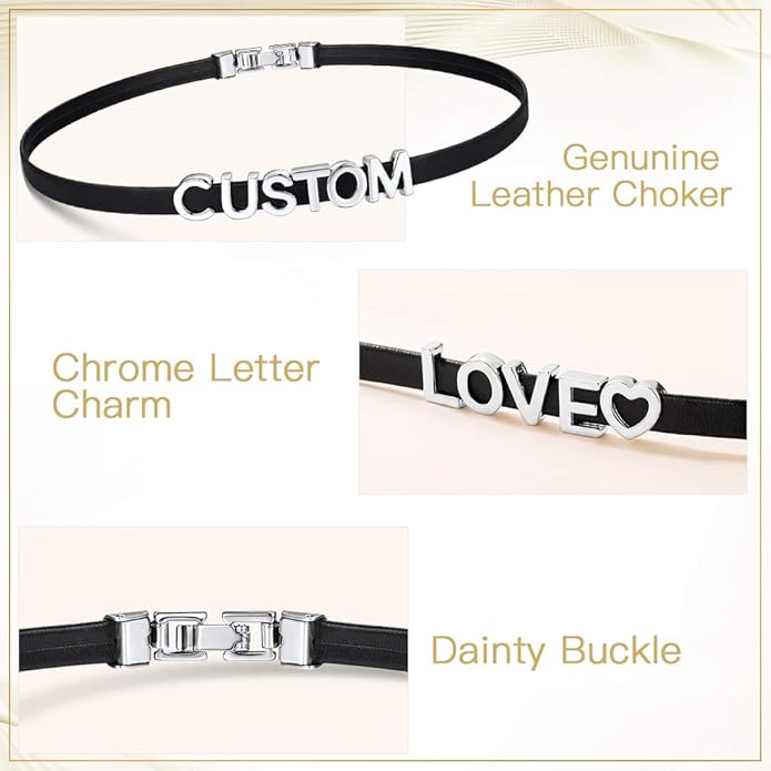 Custom4U Personalized Black Leather Choker Necklace with Picture/Name/Initials/Letters Charm,Custom Made Adjustable Choker Collar Gothic Punk Necklaces Jewelry Gifts for Women