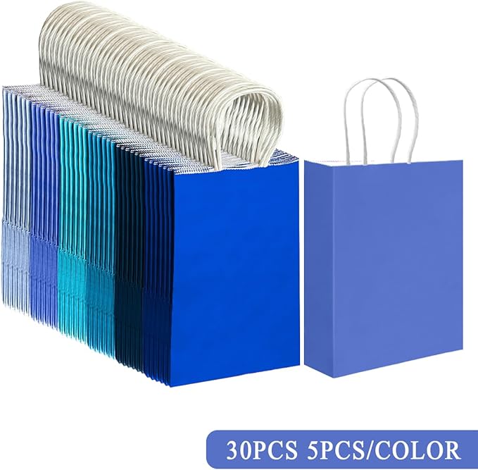 qiqee 30PCS Medium Gift Bag with Handles Bulk 11"x5"x8" Gift Bags 6 Different Blue Color Bags Multiple Uses (Medium Size)