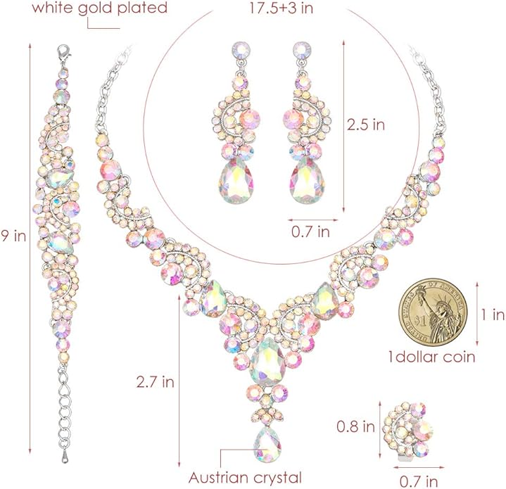 CSY Elegant Crystal Necklace Earrings Bracelet Ring Bridal Wedding Party Costume Jewelry Sets for Brides Women