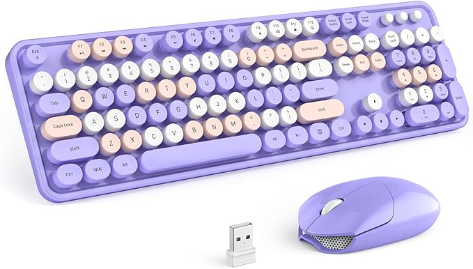 KNOWSQT Wireless Keyboard and Mouse Combo Purple Colorful - 2.4G Typewriter Full-Size Retro Keyboards - USB Receiver Plug and Play, for Computer, PC, Laptop, Desktop, Windows