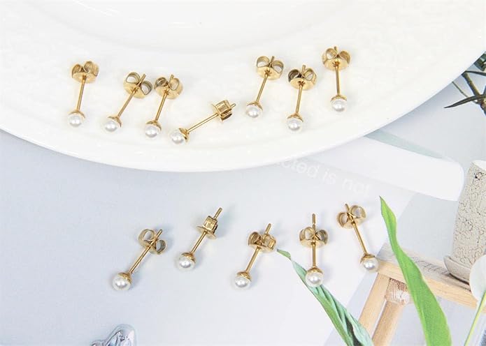 14K Gold Filled Polished Small CZ Pearl Ball Stud Earrings Set for Women Men 20G Surgical Steel Hypoallergenic Piercing Studs for Sensitive Ear, Pack of 6 Pairs