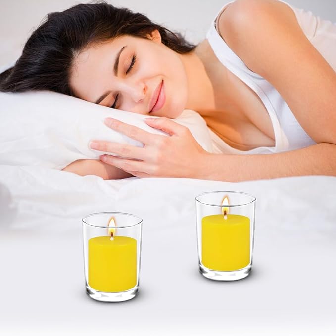9 Packs Yellow Votive Candles, Small Unscented 1.25 Inch by 1.5 Inch Diameter Wax Colored Candles for Wedding, Party, Table Holiday & Home Decoration - 8 Hours Burn Time