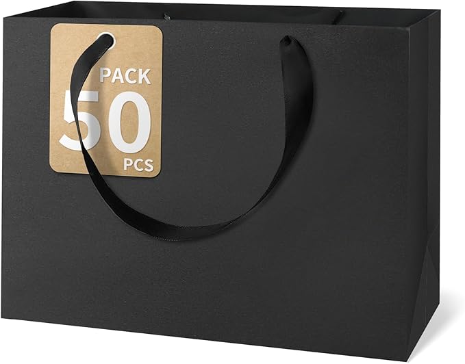 Black Gift Bags With Handles, 12.5x4.5x11 Inch Sturdy Kraft Paper Gift Bags 50 Pcs, Bulk for Wedding, Party, Birthday, Business and Shopping, Large Size