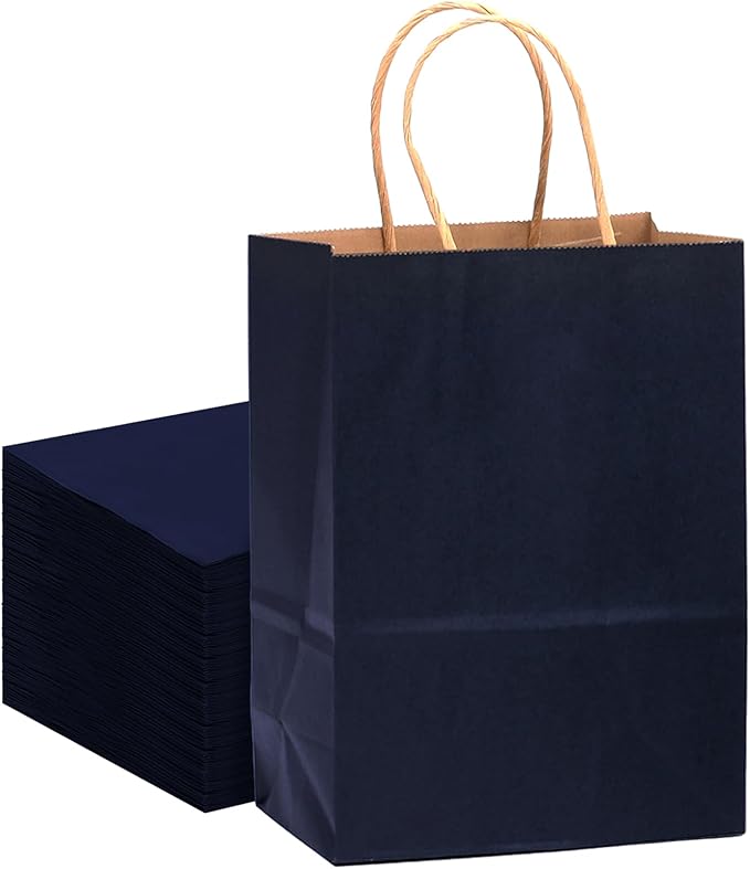 qiqee Large Kraft Paper Bags with Handles 13"x10"x5" 32 pcs Gift Paper Bag Navy Blue Solid Color Bags（Large Size）