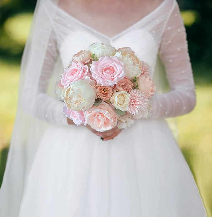 Peonies Artificial Flowers Pink Silk Roses Bulk for DIY Wedding Bouquet Bridal Shower Decorations Fake Floral Arrangements Party Table Centerpieces Home Decor Indoor Blush Peach Box 20pcs