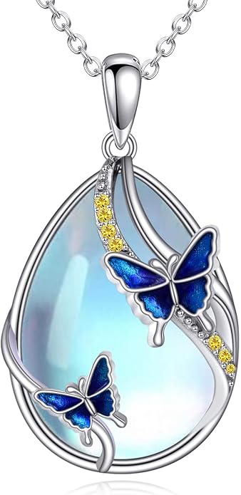 KQF Dragonfly/Butterlfy/Cat/Jellyfish/Bunny/Axolotl/Bee/Mermaid/Hummingbird/Elephant Necklace for Women Sterling Silver Moonstone Pendant Necklace Dragonfly Jewelry Gifts for Women