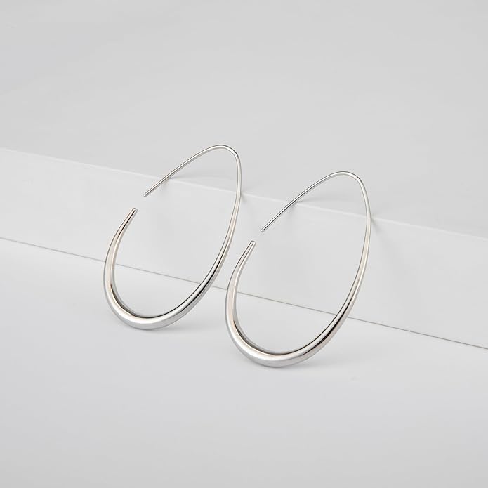 Lightweight Teardrop Hoop Earrings for Women - 14k Gold/White Gold Plated Large Oval Pull Through Hoop Earrings High Polished Statement Jewelry Gift for Women