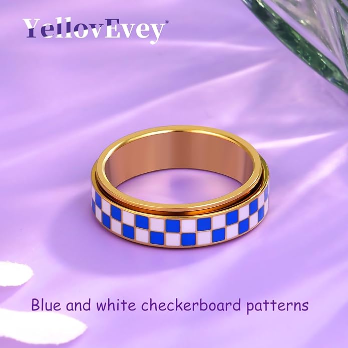 Checkered Fidget Ring For Women - Blue Chessboard Design Band Rings Anxiety & Stress Relief Stacking Spinner Rings, Stainless Steel Spinning Ring Anti-Anxiety Jewelry Gift for Adults