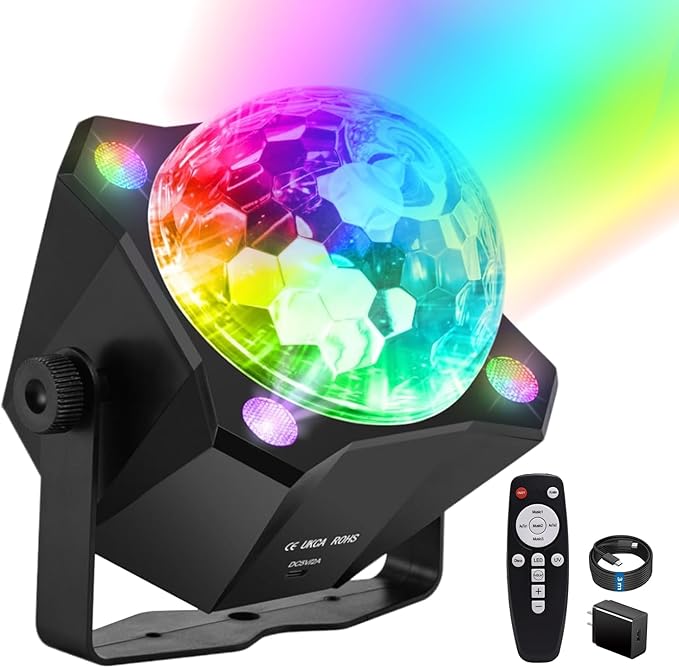 Disco Ball Light DJ Party Light，Sound Activated 6 Colors Stage Strobe Party Decorations for Outdoors and Indoors Home Club Karaoke Christmas Halloween Birthday Wedding Dancing Mood Lights