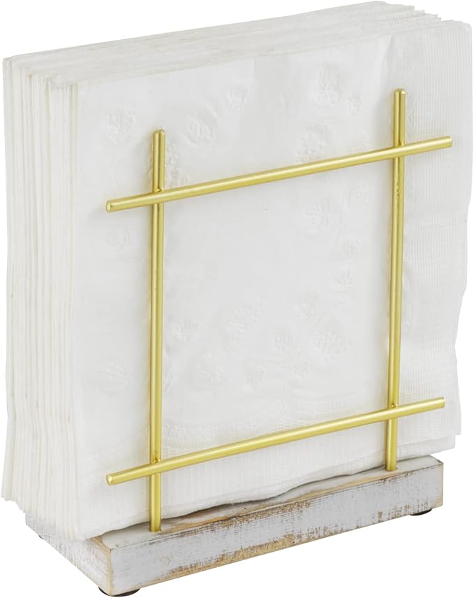 MyGift Metal Napkin Holder with Shabby Whitewashed Solid Wood Base, Dining Table Square Napkin and Cocktail Serviette Dispenser Rack, Kitchen and Dining Accessories