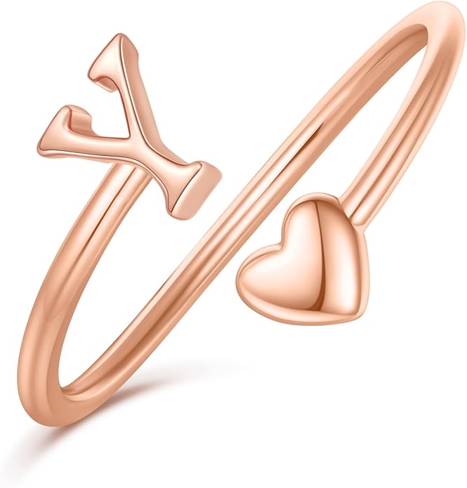 Initial Rings for Women Girls - Valentines Day Gifts for Her, Adjustable Rings for Women Non Tarnish Letter A-Z Dainty Heart Ring Teen Girls Gifts Trendy Stuff Personalized Jewelry Gift