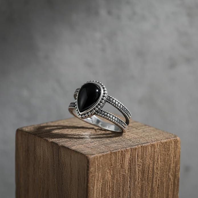 925 Sterling Silver Oxidized Black Onyx Rings for Women - Round & Heart 9mm Onyx Vintage Retro Design, Ideal for Daily Wear