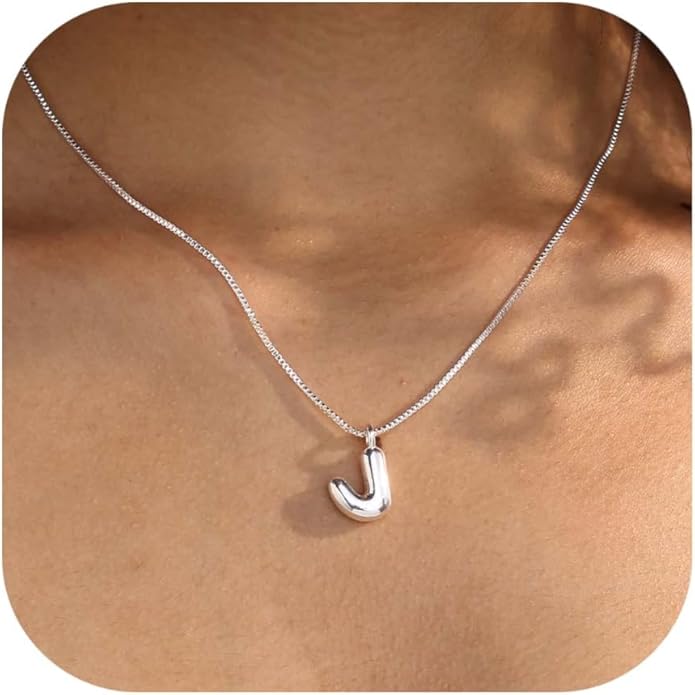 Bubble Gold Silver Letter Necklace Initial Necklaces for Women Trendy 14K Dainty Charm Pendant Name Necklace Personalized Jewelry Gift for Women Teen