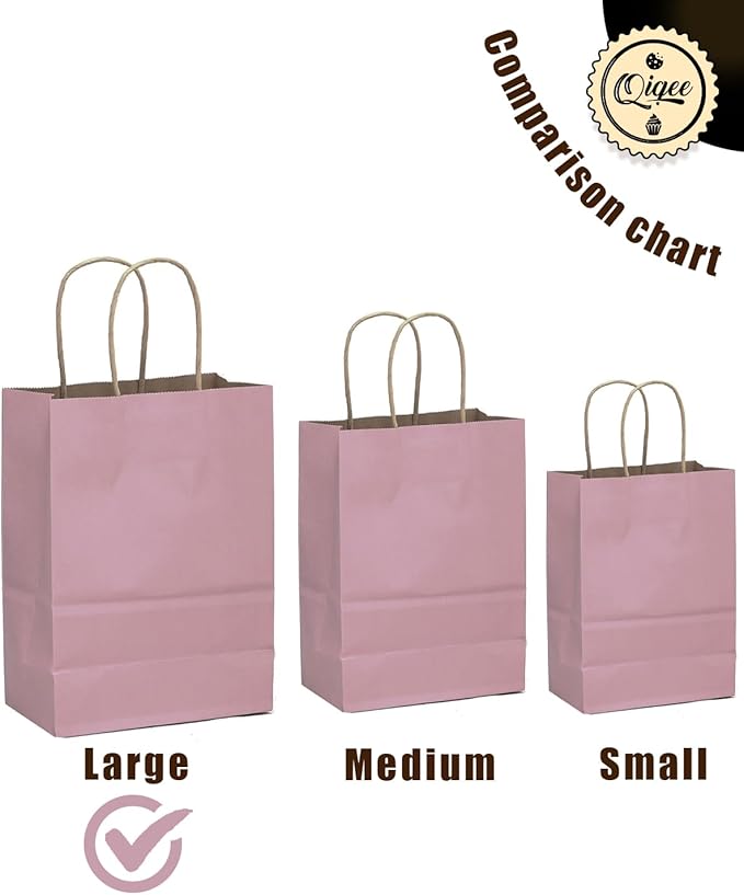 qiqee Large Kraft Paper Bags with Handles 13"x10"x5" 32 pcs Gift Paper Bag Pink Solid Color Bags（Large Size）