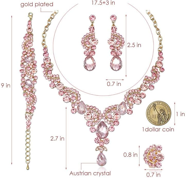CSY Elegant Crystal Necklace Earrings Bracelet Ring Bridal Wedding Party Costume Jewelry Sets for Brides Women