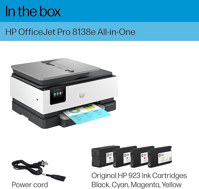 HP OfficeJet Pro 8138e Wireless All-in-One Color Inkjet Printer, Print, Scan, Copy, Fax, ADF, Duplex Printing Best-for-Home Office (Renewed Premium)