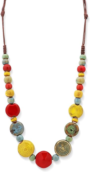 MINACHI Boho Hippie Round Ceramic Beads Strand Necklace, Vintage Bohemian Summer Beach Jewelry Gift for Women