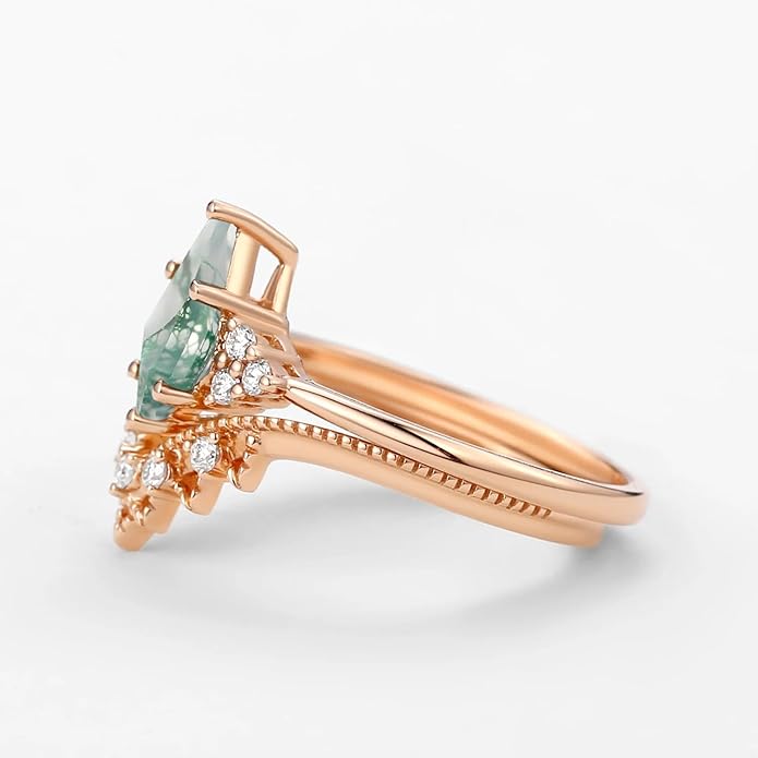 Natural Moss Agate Bridal Ring Set for Women 1CT Kite-cut Moss Agate Engagement Ring Set 925 Sterling Silver 10K 14K 18K Gold Classic Wedding Ring Set