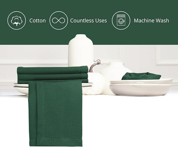 PurpleEssences Set of 6 Hemstitch Cloth Dinner Napkins 100% Cotton - Soft Durable Washable - Ideal for Wedding Christmas Holiday Winter - Perfect Everyday Use Table Linen 18x18 - Forest Green