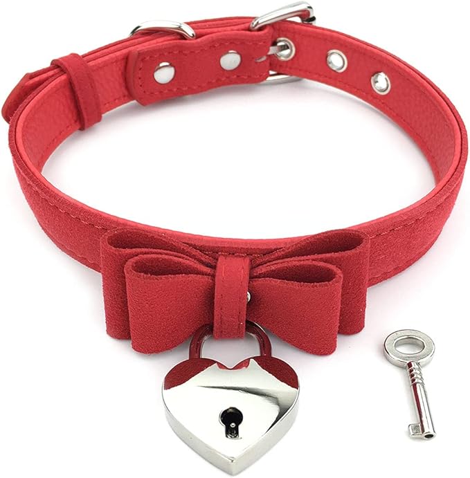 Destiny Love Bell Padlock Choker Collar Necklace Lolita Bow Collar Cat Kitty Velvet Necklace with Heart Lock and Key with Box for Women and Men