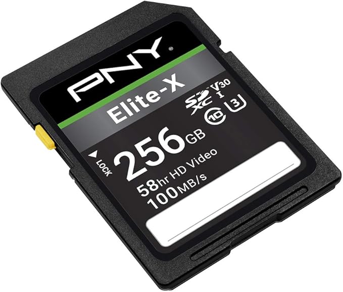 PNY 256GB Elite-X Class 10 U3 V30 SDXC Flash Memory Card - 100MB/s, Class 10, U3, V30, 4K UHD, Full HD, UHS-I, Full Size SD (Pack of 1)