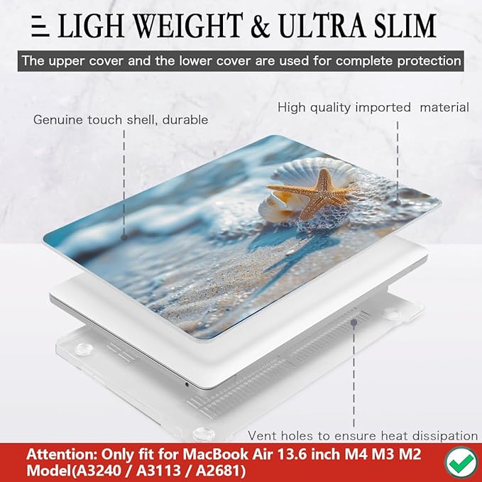 CISSOOK Compatible with MacBook Air 13.6 inch Case 2025 2024 2022 Release M4 A3240 M3 A3113 M2 A2681, Plastic Hard Shell Protective Case with Keyboard Cover Screen Protector, Beach&Shell