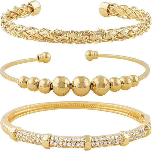 Gold Bracelets for Women, Gold Plated Chunky Cuff Matching Bracelets for Women Stack Adjustable Jewelry Sets for Gifts