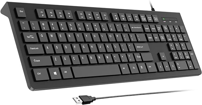 Computer Keyboard Wired, Plug Play USB Keyboard, Low Profile Chiclet Keys, Large Number Pad, Caps Indicators, Foldable Stands, Spill-Resistant, Anti-Wear Letters for PC Laptop (Black, 1-Pack)