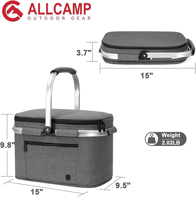 ALLCAMP Insulated Cooler Bag portable Collapsible Picnic Basket Cooler with Sewn in Frame (Medium Gray)
