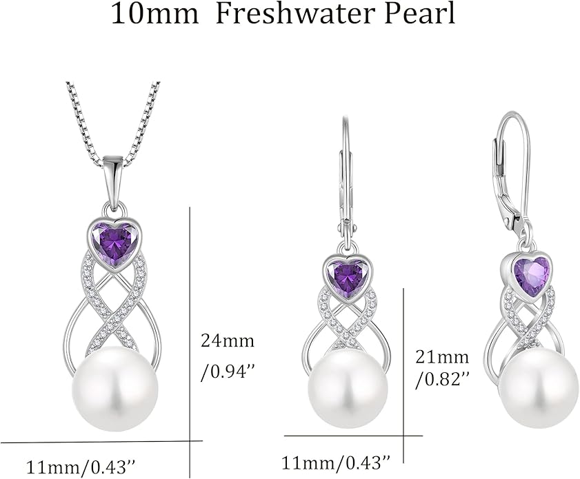 Pearl Earrings Necklace Jewelry Set for Women 925 Sterling Silver Heart Amethyst Freshwater Pearl Jewelry