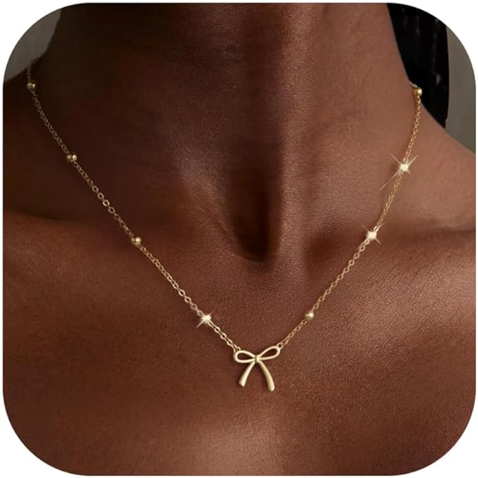 Valentines Day Gifts for Her - Dainty Bow Necklace for Women 14K Gold Plated Cute Choker Small Pendant Charm Necklaces Teen Gift Trendy Stuff Personalized Jewelry