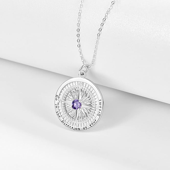 KINGWHYTE Graduation Gifts Birthstone Necklace for Women 925 Sterling Silver Compass Pendant Go in the Direction of your Dream Travel Jewelry Birthday Gift for Her