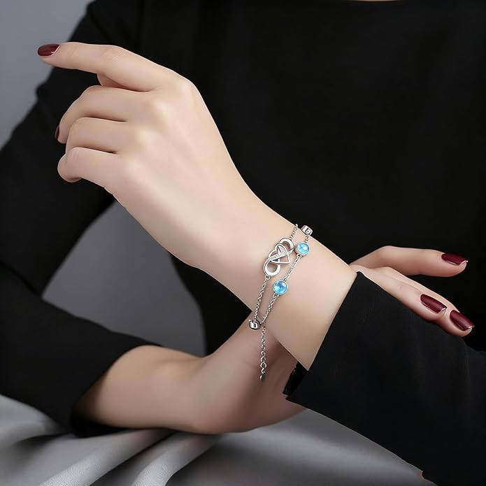Prismata Infinity Birthstone Charm Link Bracelet 925 Sterling Silver Adjustable 12 Months Birthstone Infinity Bracelet Birthday Jewelry Gifts for Women Mom Her,with 7"+2" chain