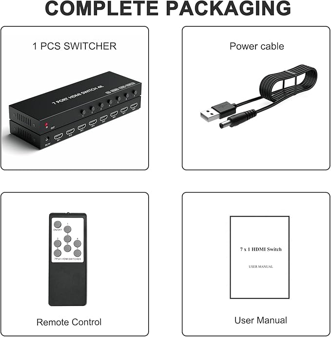 7 Way HDMI Switch 4k@60Hz HDMI Switcher 7 in 1 Out HDCP 2.0 Manual HDMI 2.0 Hub Supports 3D Compatible with Nintendo Switch/Switch OLED/Xbox/ PS5/4/3 Blu-Ray Player Fire Stick Roku Apple TV Chromeca