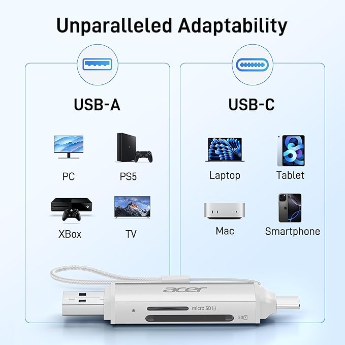acer SD Card Reader USB C, Dual Slots USB 3.0 Type C to Micro SD Card Adapter, Memory Card Reader for MicroSD, SDHC, SDXC, Compatible with Laptop, PC, iPhone16/15, MacBook, iPad Pro, Android-Silver
