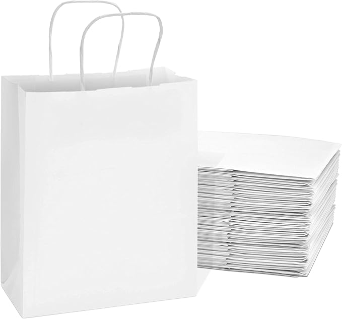 Prime Line Packaging White Paper Bags, Kraft Gift Bags with Handles for Small Business, Boutique, Retail, Shopping, Birthdays, Party Favors, Bulk, 8x4x10, 25 Pack