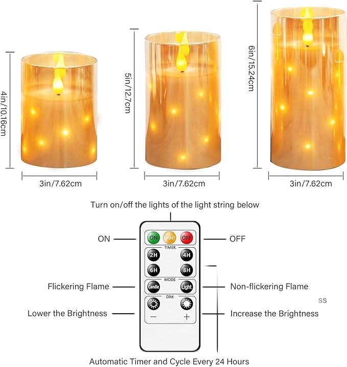 Real Wax Flameless Candles Glass,Battery Operated LED Candles with Flickering Flame,Glass Shell,Interior Star Light Decoration Set of 3 Gold (D3×H 4" 5" 6") for Home Decor,Holiday Decoration