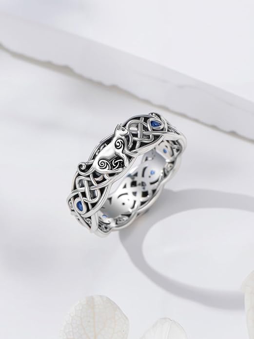 Seiyang Celtic Cat Ring 925 Sterling Silver Irish Trinity Knot Celtic Cat Wedding Promise Ring with 12 Months Birthstone Irish Lucky Jewelry Gifts for Women Mom Her