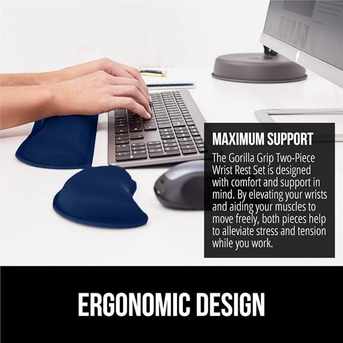 GORILLA GRIP Silky Gel Memory Foam Wrist Rest for Computer Keyboard, Mouse, Ergonomic Design for Typing Pain Relief, Desk Pads Support Hand and Arm, Mousepad Rests, Stain Resistant, 2 Piece Pad, Navy
