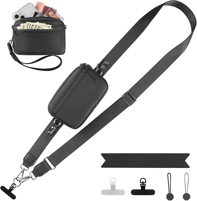 Clip and Go Strap for Phone with Wallet Crossbody, Adjustable Phone Lanyard with Detachable RFID Wristlet Wallet, Universal Phone Strap with 360° Rotatable Phone Tabs for All Phones (Black)