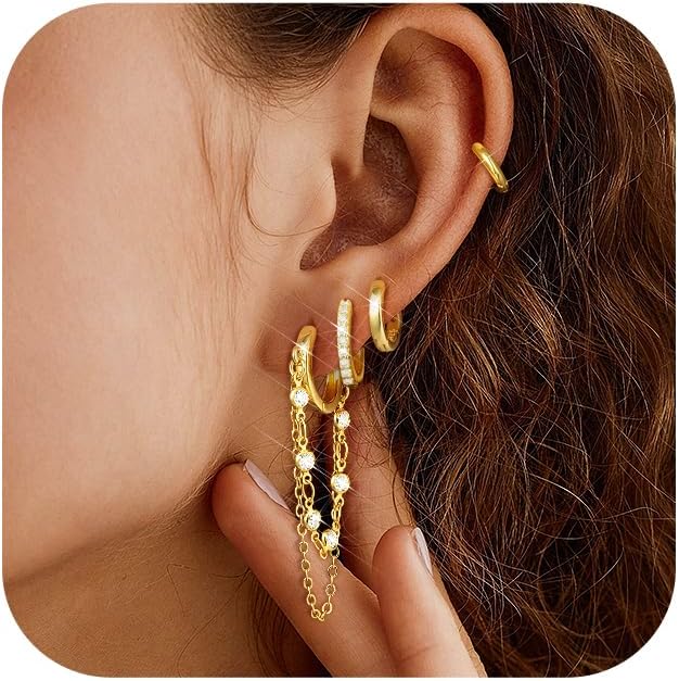 Tassel Chain Small Gold Hoop Dangle Earring For Women Huggie Earring Heart Star CZ 14K Gold Plated Fashion Jewelry Friendship Gift