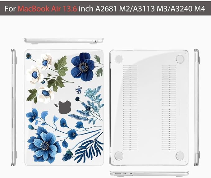 Teryeefi for MacBook Air M4 M3 M2 13.6 inch Case 2025 2024-2022,Fit Model A3240 A3113 A2681, Laptop Hard Shell Cases with Keyboard Cover & Screen Protector for MacBook Air 13.6", Blue Plant Flower