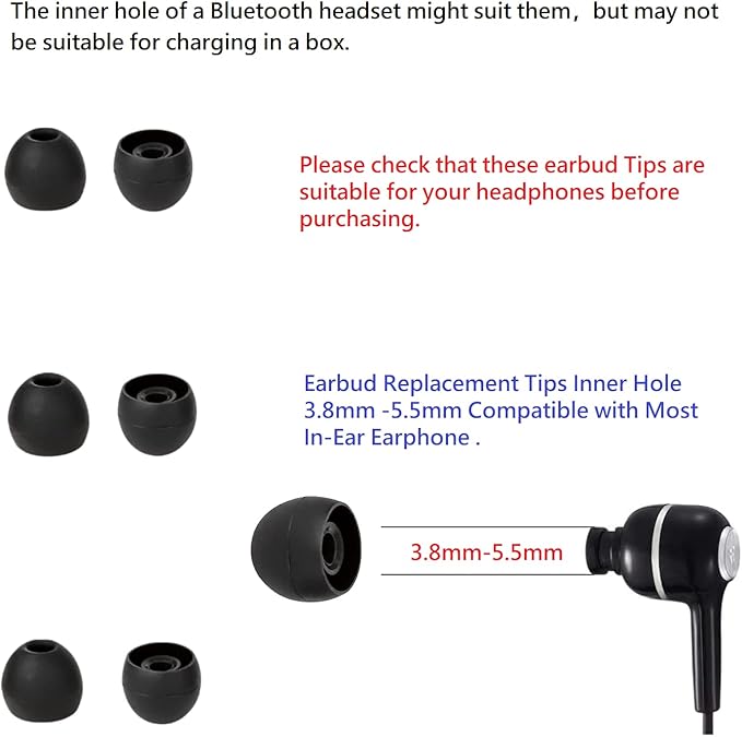 36 Pieces Small Earbud Tips Soft and Comfortable Silicone Earbud Tips Ear Bud Replacement Pieces Silicone Fit Most in-Ear Headphones，Inner Hole 3.8mm -5.5mm，Small Black Replacement Eartips