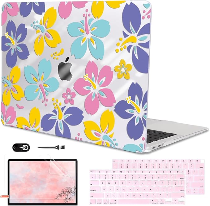 for MacBook Air 13 Inch Case 2021 2020 2019 2018, Pattern Plastic Hard Shell Case Keyboard Cover for Mac Air 13 A2337 M1 A2179 A1932 with Touch ID & Retina Display, Colorful Hibiscus Flower