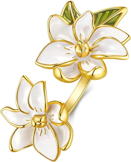 Gold Rose Pink Enamel Floral CZ FULLY ADJUSTABLE Statement Open Ring for Women by SNGIA, Daisy Orchid Flower Leaf Summer Beach Handmade Unique Pinky Band, Chunky Sunflower Stackable Cute Cuff Cocktail Ring Birthday Gift, Natural Bold Exaggerated Irregu...