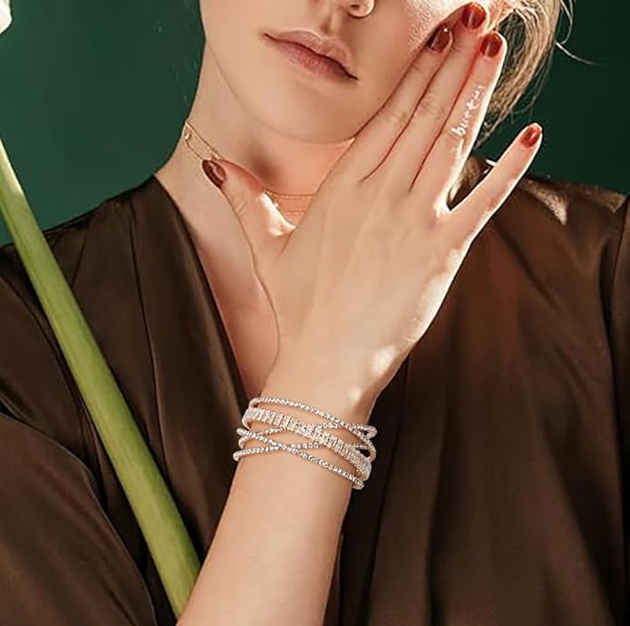 Rhinestone Bracelet for Women MultiLayer Crystal Cuff Bracelet Strand Layered Bracelet